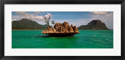 Framed Rock in Indian Ocean with mountain the background, Le Morne Mountain, Mauritius Island, Mauritius Print