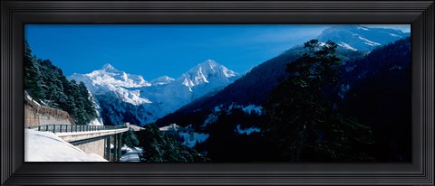 Framed Bridge through Snowcapped mountain range, Valais Canton, Switzerland Print