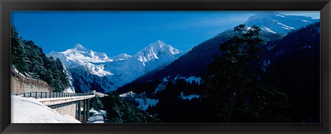 Framed Bridge through Snowcapped mountain range, Valais Canton, Switzerland Print