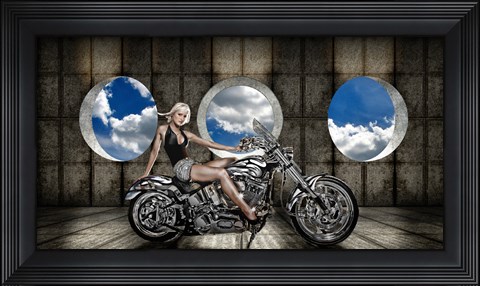 Framed Woman sitting on a motorcycle Print
