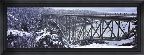 Framed Bridge leading to a forest, Deception Pass Bridge, Deception Pass State Park, Washington State, USA Print