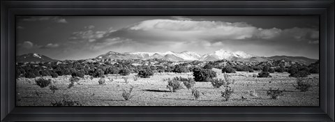 Framed High desert plains landscape with snowcapped Sangre de Cristo Mountains in the background, New Mexico (black and white) Print