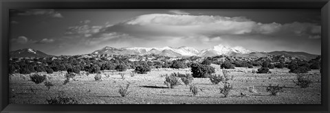 Framed High desert plains landscape with snowcapped Sangre de Cristo Mountains in the background, New Mexico (black and white) Print