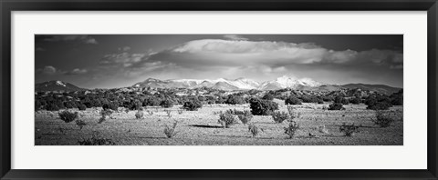 Framed High desert plains landscape with snowcapped Sangre de Cristo Mountains in the background, New Mexico (black and white) Print