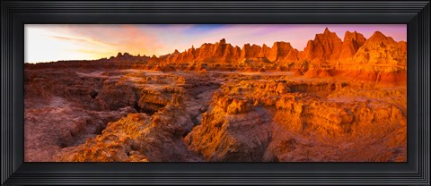Framed Alpenglow on rock formations at sunrise, Door Trail, Badlands National Park, South Dakota, USA Print