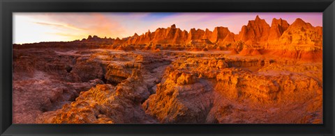 Framed Alpenglow on rock formations at sunrise, Door Trail, Badlands National Park, South Dakota, USA Print