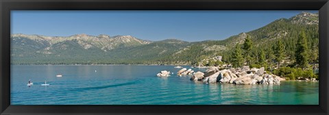 Framed Stand-Up Paddle-Boarders near Sand Harbor at Lake Tahoe, Nevada, USA Print