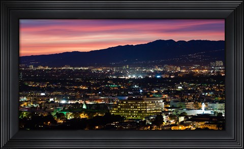 Framed High angle view of a city at dusk, Culver City, West Los Angeles, Santa Monica Mountains, Los Angeles County, California, USA Print