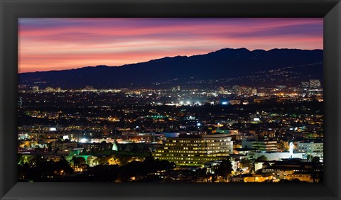 Framed High angle view of a city at dusk, Culver City, West Los Angeles, Santa Monica Mountains, Los Angeles County, California, USA Print