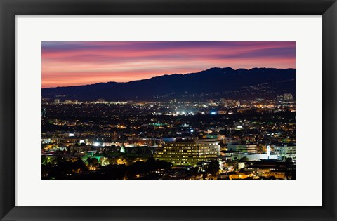 Framed High angle view of a city at dusk, Culver City, West Los Angeles, Santa Monica Mountains, Los Angeles County, California, USA Print