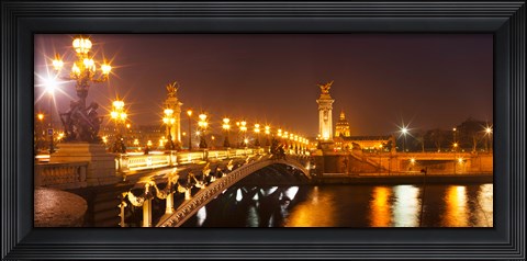 Framed Bridge across the river at night, Pont Alexandre III, Seine River, Paris, Ile-De-France, France Print