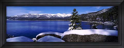 Framed Lake with a snowcapped mountain range in the background, Sand Harbor, Lake Tahoe, California, USA Print