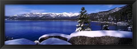 Framed Lake with a snowcapped mountain range in the background, Sand Harbor, Lake Tahoe, California, USA Print