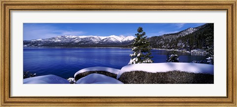 Framed Lake with a snowcapped mountain range in the background, Sand Harbor, Lake Tahoe, California, USA Print