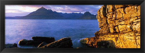 Framed Rock formations at coast, Elgol, Black Cuillin, Isle of Skye, Inner Hebrides, Scotland Print