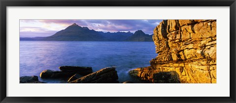 Framed Rock formations at coast, Elgol, Black Cuillin, Isle of Skye, Inner Hebrides, Scotland Print