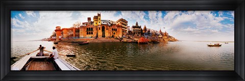Framed Buildings at riverbank viewed from a boat, Ganges River, Varanasi, Uttar Pradesh, India Print