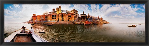 Framed Buildings at riverbank viewed from a boat, Ganges River, Varanasi, Uttar Pradesh, India Print