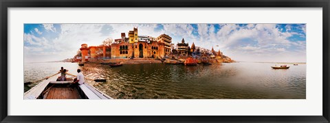 Framed Buildings at riverbank viewed from a boat, Ganges River, Varanasi, Uttar Pradesh, India Print