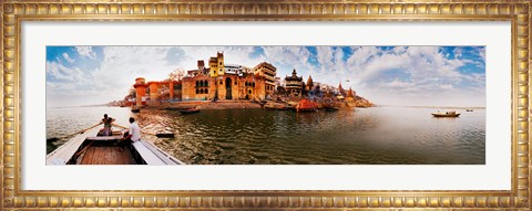 Framed Buildings at riverbank viewed from a boat, Ganges River, Varanasi, Uttar Pradesh, India Print