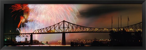 Framed Fireworks over the Jacques Cartier Bridge at night, Montreal, Quebec, Canada Print