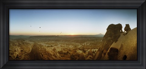 Framed Rock formations on a landscape at sunrise, Cappadocia, Central Anatolia Region, Turkey Print