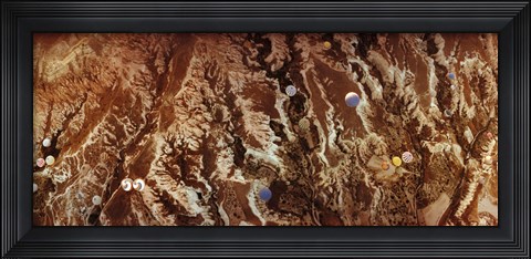 Framed Aerial view of hot air balloons over landscape at sunrise, Cappadocia, Central Anatolia Region, Turkey Print