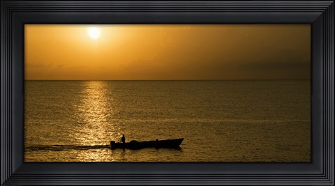 Framed Fishing boat in the sea at sunset, Negril, Westmoreland, Jamaica Print