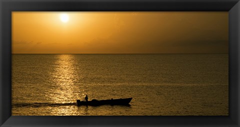 Framed Fishing boat in the sea at sunset, Negril, Westmoreland, Jamaica Print