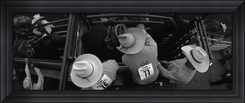 Framed High angle view of cowboys with horses at rodeo, Wichita Falls, Texas, USA Print