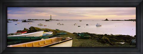 Framed Boats at Lilia with lighthouse in background on Iles Vierge, Brittany, France Print