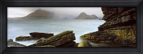 Framed Rock formations at coast, Black Cuillin, Elgol, Isle of Skye, Inner Hebrides, Highlands Region, Scotland Print