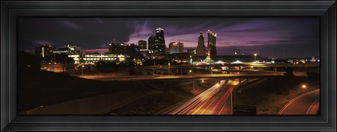 Framed Skyscrapers lit up at night in a city, Kansas City, Jackson County, Missouri, USA 2012 Print