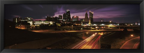 Framed Skyscrapers lit up at night in a city, Kansas City, Jackson County, Missouri, USA 2012 Print