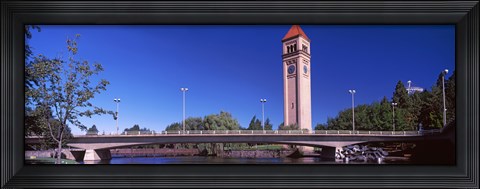 Framed Bridge with Clock Tower in the background, Riverfront Park, Spokane, Washington State, USA Print