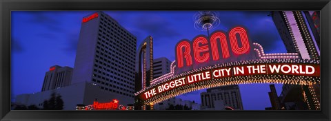 Framed Low angle view of the Reno Arch at dusk, Virginia Street, Reno, Nevada, USA 2013 Print