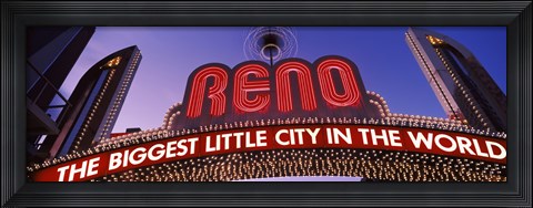Framed Low angle view of the Reno Arch at dusk, Virginia Street, Reno, Nevada, USA Print
