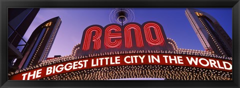 Framed Low angle view of the Reno Arch at dusk, Virginia Street, Reno, Nevada, USA Print