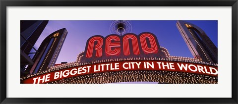 Framed Low angle view of the Reno Arch at dusk, Virginia Street, Reno, Nevada, USA Print