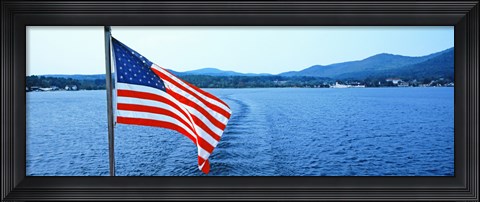 Framed Flag and view from the Minne Ha Ha Steamboat, Lake George, New York State, USA Print