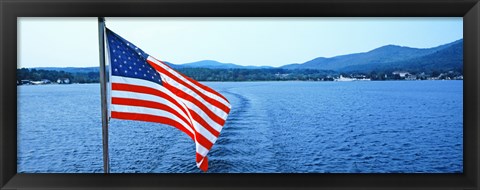 Framed Flag and view from the Minne Ha Ha Steamboat, Lake George, New York State, USA Print