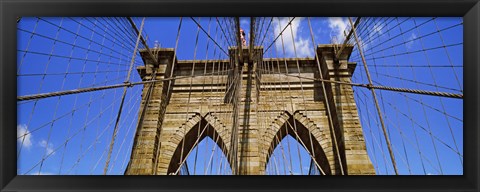 Framed Low angle view of a suspension bridge, Brooklyn Bridge, New York City, New York State, USA Print