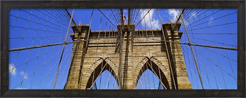Framed Low angle view of a suspension bridge, Brooklyn Bridge, New York City, New York State, USA Print
