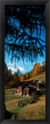 Framed Huts with the Mt Matterhorn in background in autumn morning light, Valais Canton, Switzerland Print