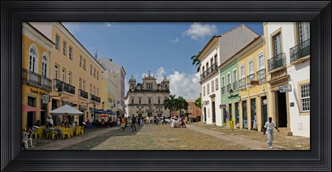 Framed Sidewalk cafes on a street in Pelourinho, Salvador, Bahia, Brazil Print