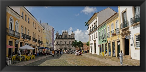 Framed Sidewalk cafes on a street in Pelourinho, Salvador, Bahia, Brazil Print