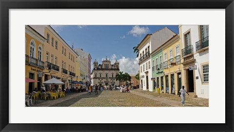 Framed Sidewalk cafes on a street in Pelourinho, Salvador, Bahia, Brazil Print
