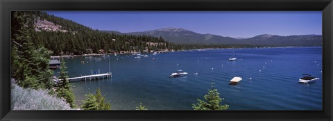 Framed Boats in a lake with mountains in the background, Lake Tahoe, California, USA Print