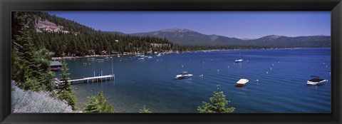 Framed Boats in a lake with mountains in the background, Lake Tahoe, California, USA Print