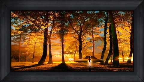 Framed Alien and UFO in the forest Print
